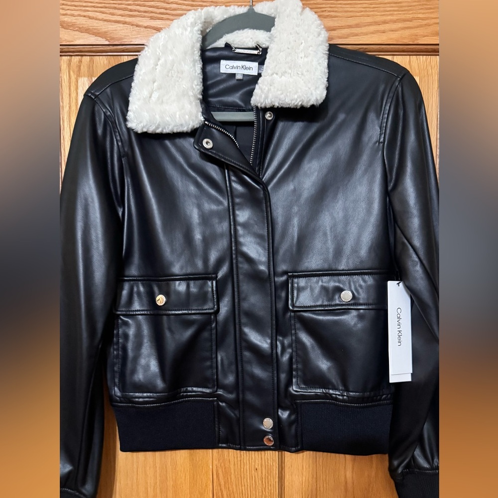 Calvin Klein Women's Black Leather Jacket with Fur Collar